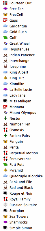Games in Pretty Good 	Solitaire for Mac OS X