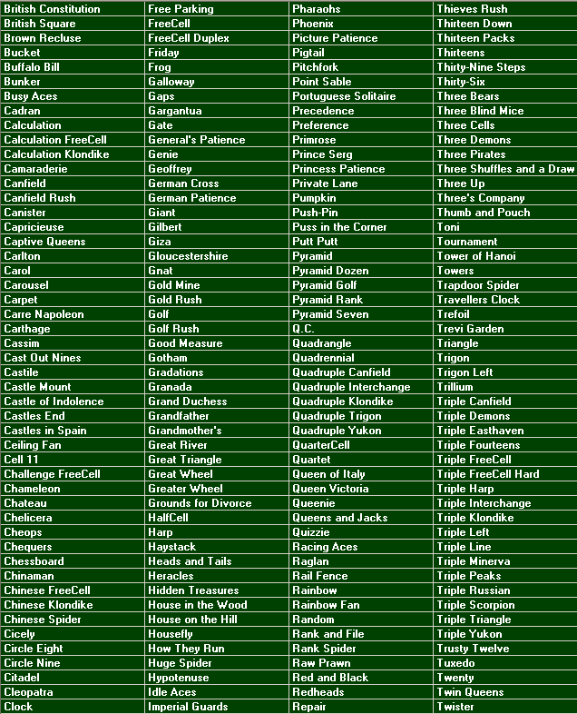 Pretty Good Solitaire List of Games