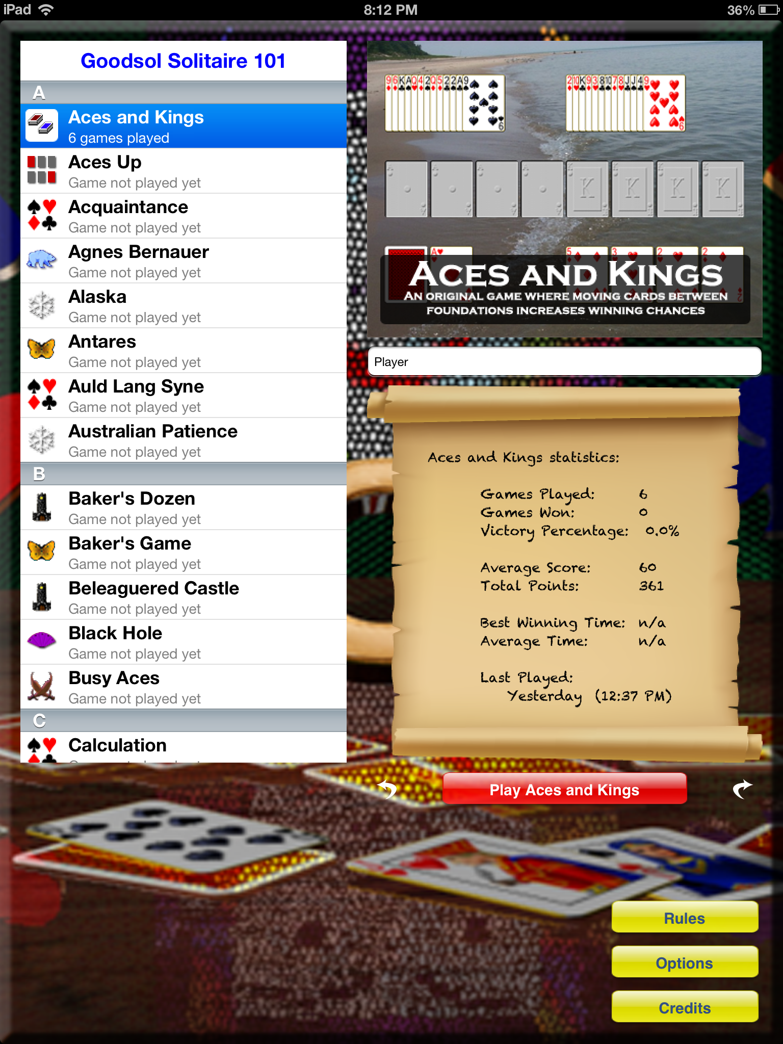 Goodsol Solitaire 101 for iPad menu