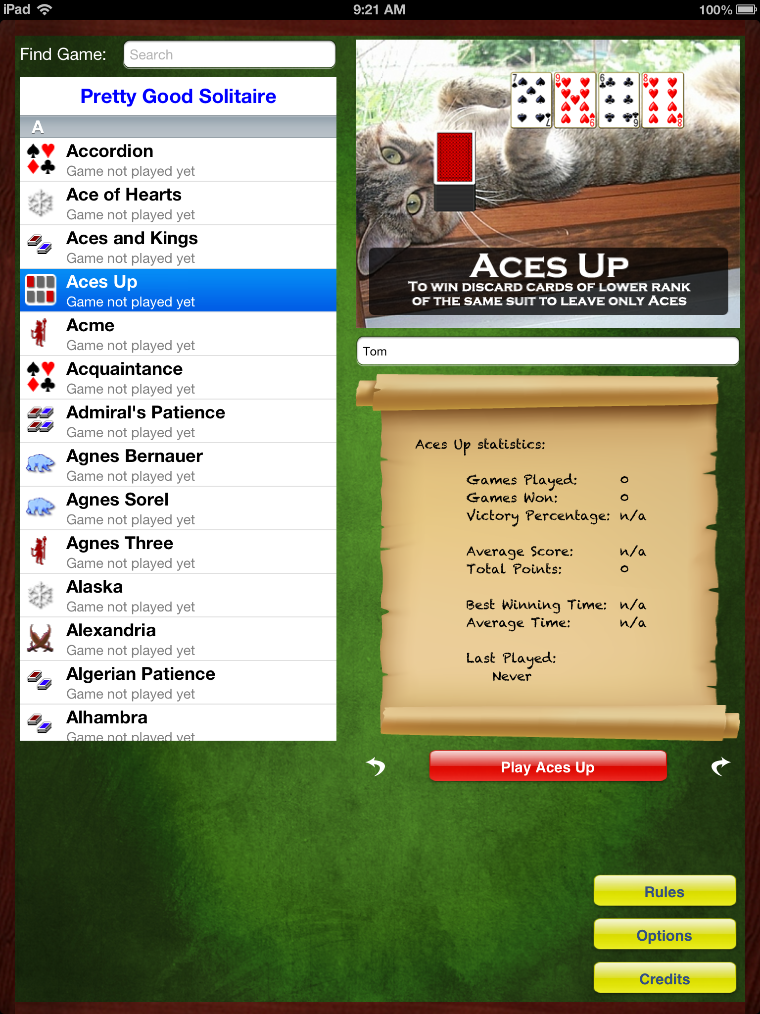 Pretty Good Solitaire for iPad menu